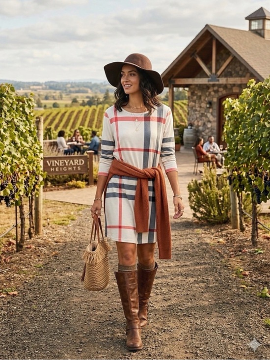 SMYS Dresses & Skirts - SMYS Elegant Ivory Plaid Long-Sleeve Swing Dress XL